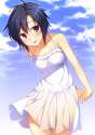 1girl arms_behind_back bare_shoulders black_eyes black_hair cloud dress highres idolmaster idolmaster_2 kikuchi_makoto racer_(magnet) see-through see-.jpg