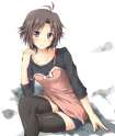 1417168 - 1girl antenna_hair arm_support black_legwear bow brown_eyes brown_hair camisole collarbone crossed_legs idolmaster jiino kikuchi_makoto long_sleeves looking_at_viewer parted_lips shirt short_hair shorts simpl.jpg