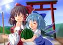 s - 1837367 - _d ;d ^_^ 2girls blue_hair blush bow breasts brown_hair bust cirno closed_eyes cloud detached_slee.jpg