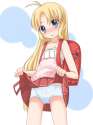 backpack bag blonde_hair blue_eyes blush highres kashiwagi_hatsune kizuato loli panties photoshop randoseru sasa_(pixiv) skirt_lift solo 16747.png