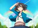 1girl antenna_hair arm_up belt black_hair blush grin hitoto idolmaster kikuchi_makoto navel open_mouth rainbow short_hair skirt sky smile solo wind wi.jpg