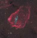 The light blue shape in this photo is the Giant Squid Nebula, composed mostly of oxygen. The massive red shape is the Flying Bat Nebula. Made of hydrogen, it is approximately 50 lightyears across.jpg
