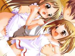 2girls breast_grab brown_eyes brown_hair game_cg happy loli long_hair naked_apron twintails 19003.jpg