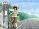 s - 338052 - 1girl 2008 antenna_hair bare_shoulders bicycle bicycle_basket blouse blue_eyes blue_sky brown_hair bus_stop capri_pants hat hill.jpg