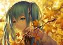 Konachan.com - 191081 aqua_eyes aqua_hair autumn bicolored_eyes bow hatsune_miku leaves long_hair ribbons tidsean twintails vocaloid.jpg
