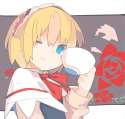 alice_margatroid-1girl aki_maki_yuu blonde_hair blue_eyes blush capelet cup grey_background hairband long_sleeves looking_at_viewer one_eye_closed portrait short_hair smile solo touhou.1ee98c5c7a617376525320d66c41c204.png