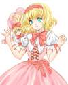 alice_margatroid+shanghai_doll-2girls alternate_color ascot bad_id blonde_hair bow dress female frills green_eyes hair_bow hairband hanaki_misa long_hair misahana multiple_girls pink pink_dress puffy_sleeves ribbon sh.jpg