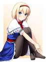 alice_margatroid-1girl _ blonde_hair blue_eyes blush capelet dress female frown hairband hands_clasped kaiza_(rider000) leg_hug legs looking_at_viewer no_shoes pantyhose sash short_hair sitting solo touhou tsurime v_a.png