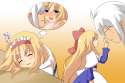 alice_margatroid+morichika_rinnosuke+shanghai_doll-1boy 2girls apron be_(o-hoho) blonde_hair blue_dress blue_eyes blush bow capelet dreaming dress drooling eyes_closed finger_on_nose glasses hair_bow hairband hetero i.jpg