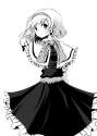 alice_margatroid-1girl belt capelet dress female from_behind hairband hyuuga_azuri looking_at_viewer looking_back monochrome short_hair simple_background solo touhou white_background.111cc693b77ef232777e823ec66f2f81.jpg