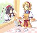 alice_margatroid+shameimaru_aya+shanghai_doll-2girls apron black_hair blonde_hair bow capelet cup doll female food hair_bow hairband hand_behind_head hat long_hair multiple_girls one_eye_closed pancake satou_kibi shor.jpg