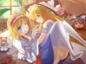 alice_margatroid+kirisame_marisa+shanghai_doll-2girls bad_id bed blonde_hair blue_eyes bow braid capelet cellphone doll female flower frown hairband hat highres long_hair marionette_(excle) multiple_girls panties phon.jpg