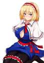 alice_margatroid-1girl arms_behind_back ascot black_legwear blonde_hair blue_dress blue_eyes blush bound bound_arms breasts capelet cleavage dress hairband large_breasts lolita_hairband looking_at_viewer nose_blush pa.jpg