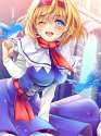 alice_margatroid-1girl bird bird_on_hand blonde_hair blue_dress blue_eyes blush capelet cropped dress hairband highres one_eye_closed open_mouth red_ribbon ribbon rimu_(kingyo_origin) skirt_hold smile solo touhou wind.jpg