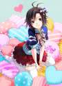 2184572 - 1girl ahoge black_hair blue_shirt blush bow bowtie checkered checkered_skirt collared_shirt commentary_request frilled_pillow frilled_skirt frills heart heart_pillow idolmaster idolmaster_million_live! kikuch.png
