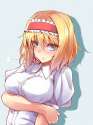 1girl awa_yume blonde_hair blue_eyes blush hairball hairband holding_arm holding_elbow sigh solo touhou-f0fc7df963be784e657559c649a438bd.jpg