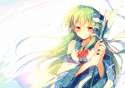 kochiya sanae-1girl backlighting bare shoulders blush detached sleeves frog hair ornament gohei green eyes green hair hair ornament long hair long sleeves looking at viewer shirt solo tears touhou very long hair wide sleeves.jpg