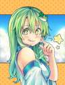 kochiya sanae-1girl d anarogumaaa bare shoulders barefoot blush detached sleeves expressive clothes frog hair ornament green eyes green hair hair ornament highres open mouth smile snake hair ornament solo star star-shaped pu.jpg