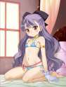 lolibooru 42829 bed_sheet blue_bikini eiyuu_senki flat_chest gawain_(eiyuu_senki) looking_at_viewer purple_hair side-tie_bikini string_bikini wavy_hair white_gloves.jpg
