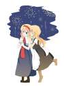 alice_margatroid+kirisame_marisa-2girls apron blonde_hair blue_eyes boots braid capelet dress fireworks hair_ribbon heart highres interlocked_fingers menbou_(nonnontako) multiple_girls night night_sky no_hat ribbon si.jpg