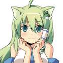 kochiya sanae-1girl 3 ahoge animal ears be (o-hoho) blush cat ears detached sleeves female frog hair ornament green eyes green hair hair ornament kemonomimi mode long hair looking at viewer snake hair ornament solo tears tou.jpg
