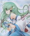 kochiya sanae- d ahoge bare shoulders breasts detached sleeves female frog green eyes green hair highres kirihara natsuki marker (medium) millipen (medium) open mouth pastel (medium) ribbon smile snake solo touhou traditional.jpg