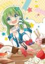 kochiya sanae-1girl bare shoulders cake female food frog hair ornament green eyes green hair hair ornament hair tubes heart heart-shaped pupils japanese clothes long hair miko miyamaki pocky saliva smile snake hair ornament s.jpg