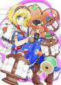 absurdres aka_ringo black_legwear blonde_hair blue_eyes boots bow breasts capelet colored doll dress fingerless_gloves gloves hair_bow hairband highres needle pantyhose ribbon sash sewing short_hair sitting.jpg