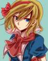 1girl aqua_background ascot blonde_hair blue_eyes female hairband shisei_(kyuushoku_banchou) simple_background solo touhou-72bf8644a9796fa0b5762db55fe30dbd.jpg