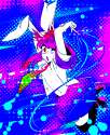 1girl @_@ acid_trip animal_ears arm_grab bad_hands black_legwear blue_background breasts circle cleavage colorful dots finger_gun highres long_hair navel necktie one_eye_closed open_mouth platform_foot.png