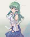 kochiya sanae-1girl o ahoge annoyed aqua eyes aqua hair bare shoulders breasts detached sleeves ears erect nipples female frog frown gohei hair ornament impossible clothes impossible shirt large breasts long hair midriff shi.jpg