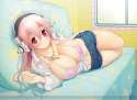 Konachan.com - 176322 bed bikini_top blush breasts cleavage headphones long_hair navel necklace nitroplus open_shirt pink_hair red_eyes shorts sonico super_sonico.jpg