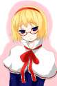 1girl bespectacled blonde_hair blue_eyes blush capelet female glasses hairband han_(jackpot) highres ribbon short_hair solo touhou-28ac6410543094089654b804f73cc6a1.png