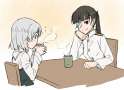 s - 1114066 - 2girls black_hair brown_eyes chair chin_rest cup drinking eyepatch green_eyes military military_un.jpg