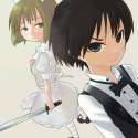 375368 - 2girls angry apron black_hair blue_eyes bow bowtie brown_eyes brown_hair dress dutch_angle from_above hagiwara_yukiho hisayoshi_(hisa) idolmaster kikuchi_makoto looking_back maid multiple_girls short_hair stri.jpg
