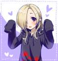 No Artist - 1girl alternate_hair_length alternate_hairstyle blonde_hair blood blood_splatter blush brown_eyes earrings hair_over_one_e.jpg