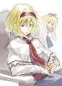 732616 - alice_margatroid blonde_hair blue_eyes bow face hairband hair_bow hands_clasped necktie shanghai_doll shirabi_(life-is-free) short_hair sitting smile touhou.jpg