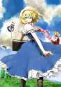 blonde_hair blue_eyes book cloud doll female hairband looking_back pantyhose poncho_(pixiv) ribbon short_hair sky touhou wind-8247b22c5c5a9031b48ffbd7809aa93e.jpg