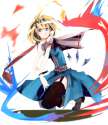 black_legwear blonde_hair blue_eyes boots cape garters hairband ribbon short_hair side_slit solo squatting tatwuku thigh-highs thighhighs touhou wrist_cuffs-b6b4522a223371625665bd958fed125d.jpg