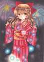 s - 1846459 - 1girl acrylic_paint_(medium) bow brown_eyes brown_hair fireworks floral_print hair_bow hair_tubes.jpg