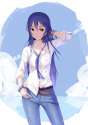 s - 2963934 - 1girl absurdres belt blue_hair clothes_writing collarbone collared_shirt contrapposto cowboy_shot.jpg