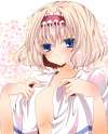 1girl bad_id blonde_hair blue_eyes blush body_blush female floral_background flower gradient_hair hairband multicolored_hair nanase_nao open_clothes open_shirt pink_hair shirt short_hair solo touhou-4ed12b3.jpg