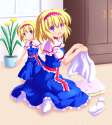 2girls _d blonde_hair blue_eyes capelet dress frilled_dress frills hairband highres multiple_girls nanaoto_(lycia) open_mouth shirt short_hair sitting smile socks time_paradox touhou wariza younger-53d53e03.jpg