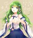 kochiya sanae-1girl d aqua eyes artist name brown background detached sleeves frog hair ornament green hair hair ornament heart heart hands long hair open mouth smile snake hair ornament solo star thank you touhou wide sleev.jpg