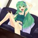 kochiya sanae-1girl armpits camisole casual collarbone contemporary controller couch female frog green eyes green hair hair ornament long hair midriff navel open mouth remote control saemon (tonpura) sitting snake solo strap.jpg