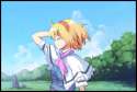 blonde_hair border capelet closed_eyes hand_in_hair meadow outdoors rock senji_(artist) senji_(tegone_spike) short_hair smile solo touhou-93144f24212b6f56894c3c15ff947756.jpg