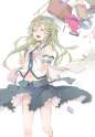 kochiya sanae-1girl alternate costume blush book desk detached sleeves evers female frog green eyes green hair hair ornament hair tubes highres jpeg artifacts long hair midriff navel open mouth school desk school uniform sera.jpg