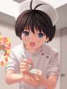 s - 347887 - 1girl antenna_hair blue_eyes brown_hair feeding hat idolmaster kikuchi_makoto nekopuchi nonowa nurse nurse_cap open_mouth poster.jpg