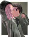 s - 573240 - 1girl androgynous antenna_hair black_hair bottle foreshortening grey_eyes hands hood hoodie idolmaster kikuchi_makoto nekopuchi.jpg