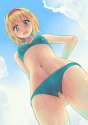 1girl bikini bikini_top blonde_hair blue_bikini blue_sky blush clouds culter dutch_angle from_below hairband jpeg_artifacts looking_at_viewer looking_down midriff navel open_mouth panties short_hair sky sol.jpg